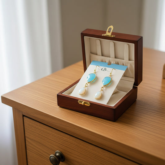 Earrings | Blue Chalcedony Teardrop  | White Teardrop Moonstone | 18K Goldfilled Findings | 2.25" |