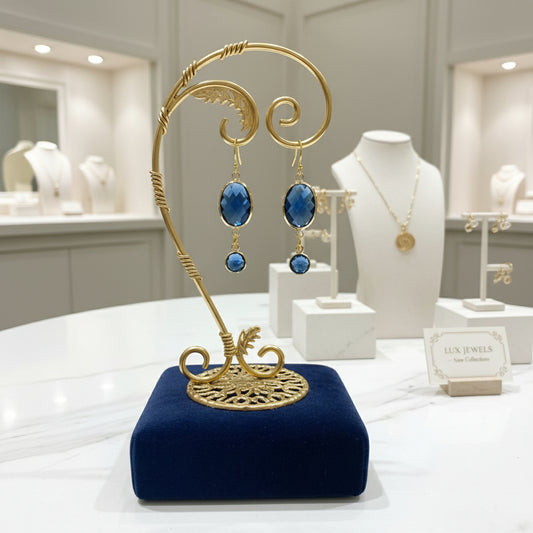 Earrings | Blue Dyed Saphhire Ovals | Blue Dyed Saphhire Rounds | 18K GF Findings | 2"