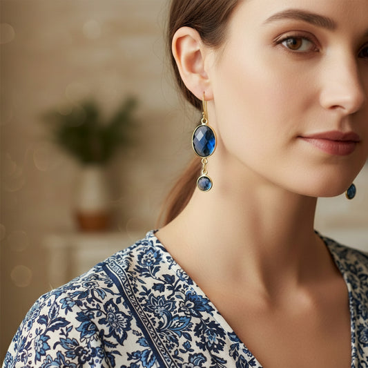 Earrings | Blue Dyed Saphhire Ovals | Blue Dyed Saphhire Rounds | 18K GF Findings | 2"