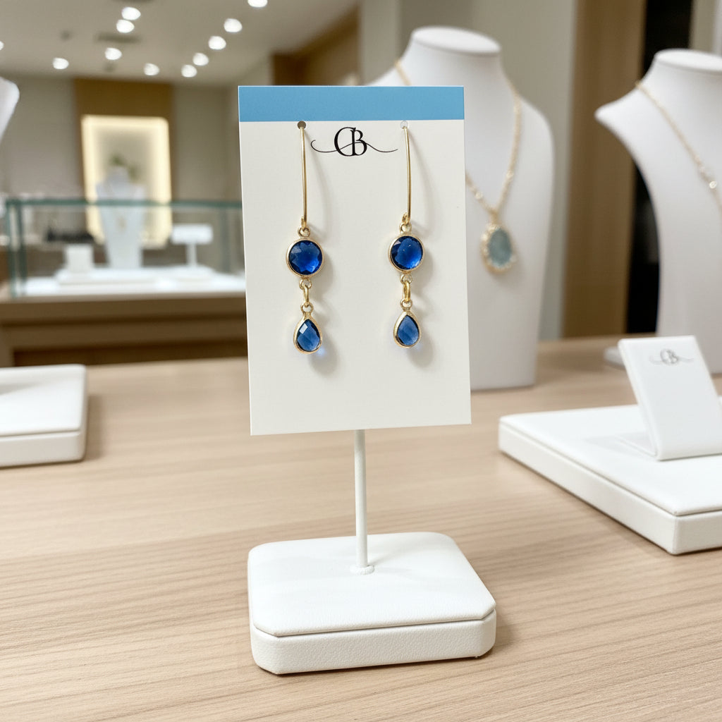 Earrings | Blue Dyed Saphhire Rounds | Blue Dyed Saphhire Teardrops | 18K GF Earwires | 2"