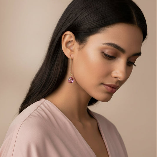 Earrings | Pear Shaped | Pink Sapphire Crystals | 18K GF Findings | 1.5"