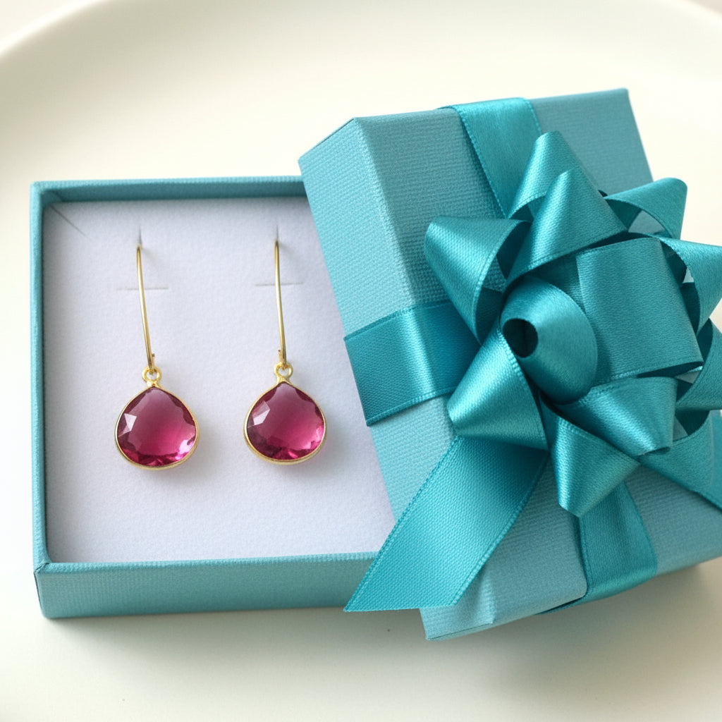Earrings | Pear Shaped | Pink Sapphire Crystals | 18K GF Findings | 1.5"
