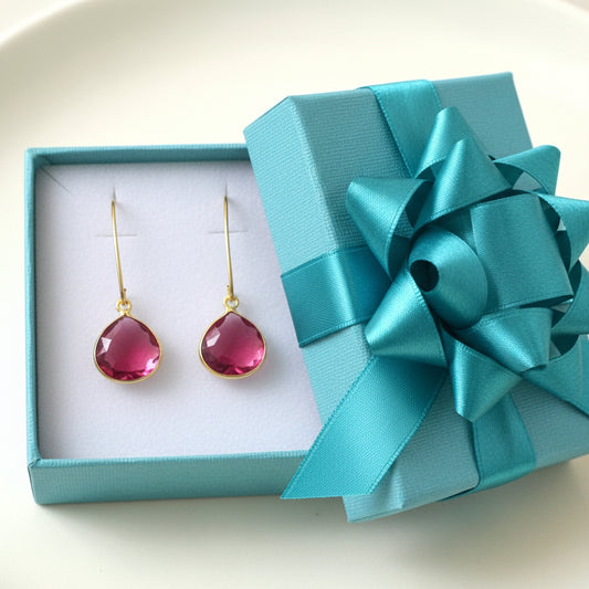 Earrings | Pear Shaped | Pink Sapphire Crystals | 18K GF Findings | 1.5"