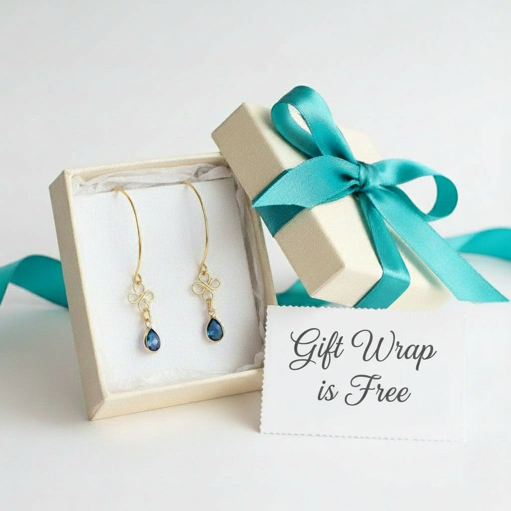 Earrings | Gold Small Clover Designs | Dyed Sapphire Teardrop | 2"