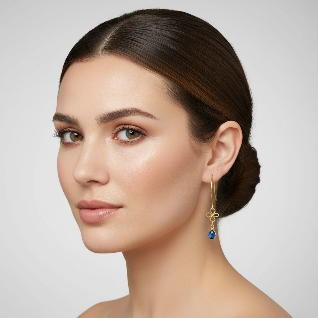 Earrings | Gold Small Clover Designs | Dyed Sapphire Teardrop | 2"