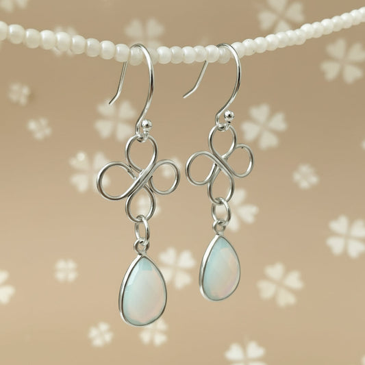 Earrings | Silver Wire-Wrapped Clover Findings | Moonstone Teardrop | Silver Colored Wire | 2"