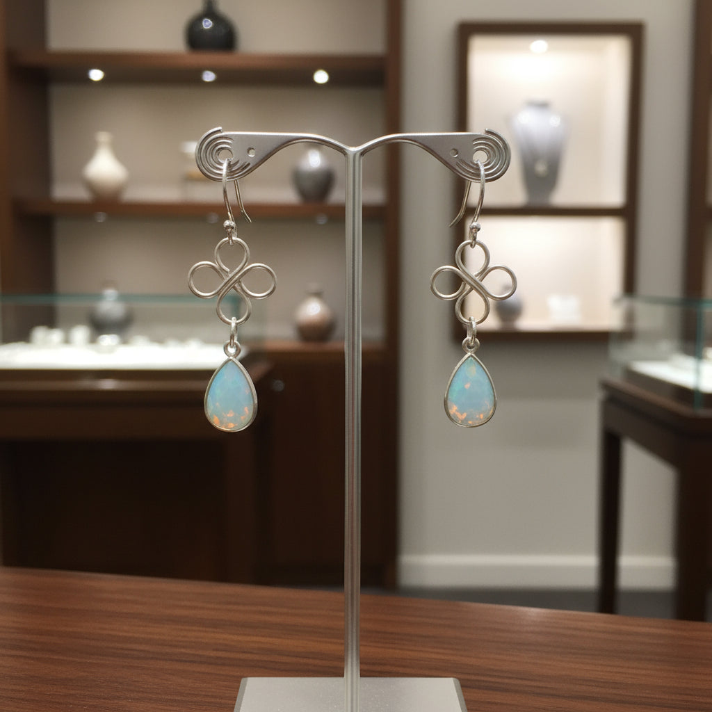Earrings | Silver Wire-Wrapped Clover Findings | Moonstone Teardrop | Silver Colored Wire | 2"