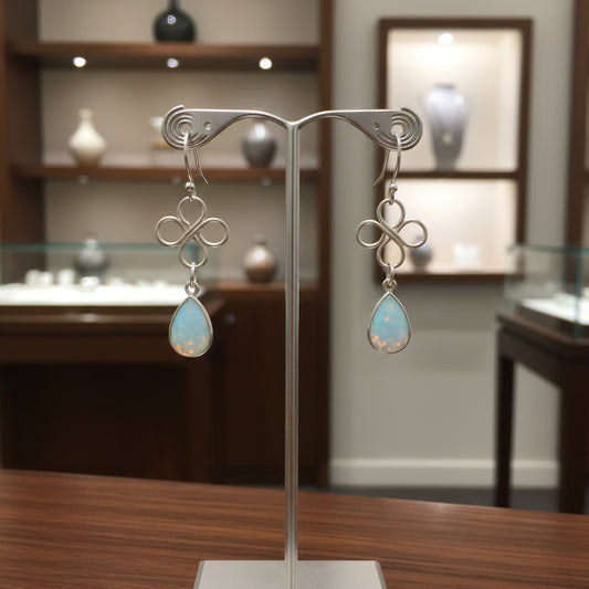 Earrings | Silver Wire-Wrapped Clover Findings | Moonstone Teardrop | Silver Colored Wire | 2"