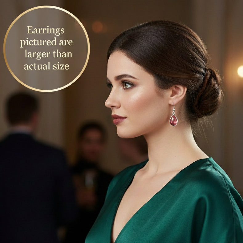 Earrings | Pink Sapphire Crystal | Teardrop | Silver-plated Earwires  | 1"