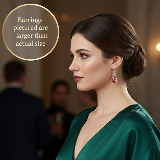 Earrings | Pink Sapphire Crystal | Teardrop | Silver-plated Earwires  | 1"