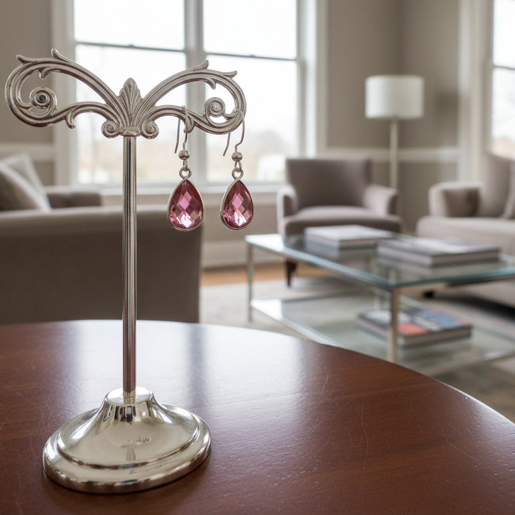 Earrings | Pink Sapphire Crystal | Teardrop | Silver-plated Earwires  | 1"