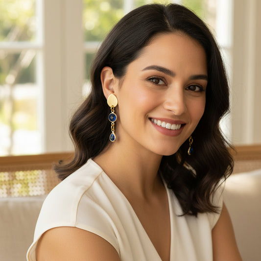 Earrings | Blue Dyed Saphhire Rounds | Blue Dyed Saphhire Teardrops | 18K GP Posts | 1.5"