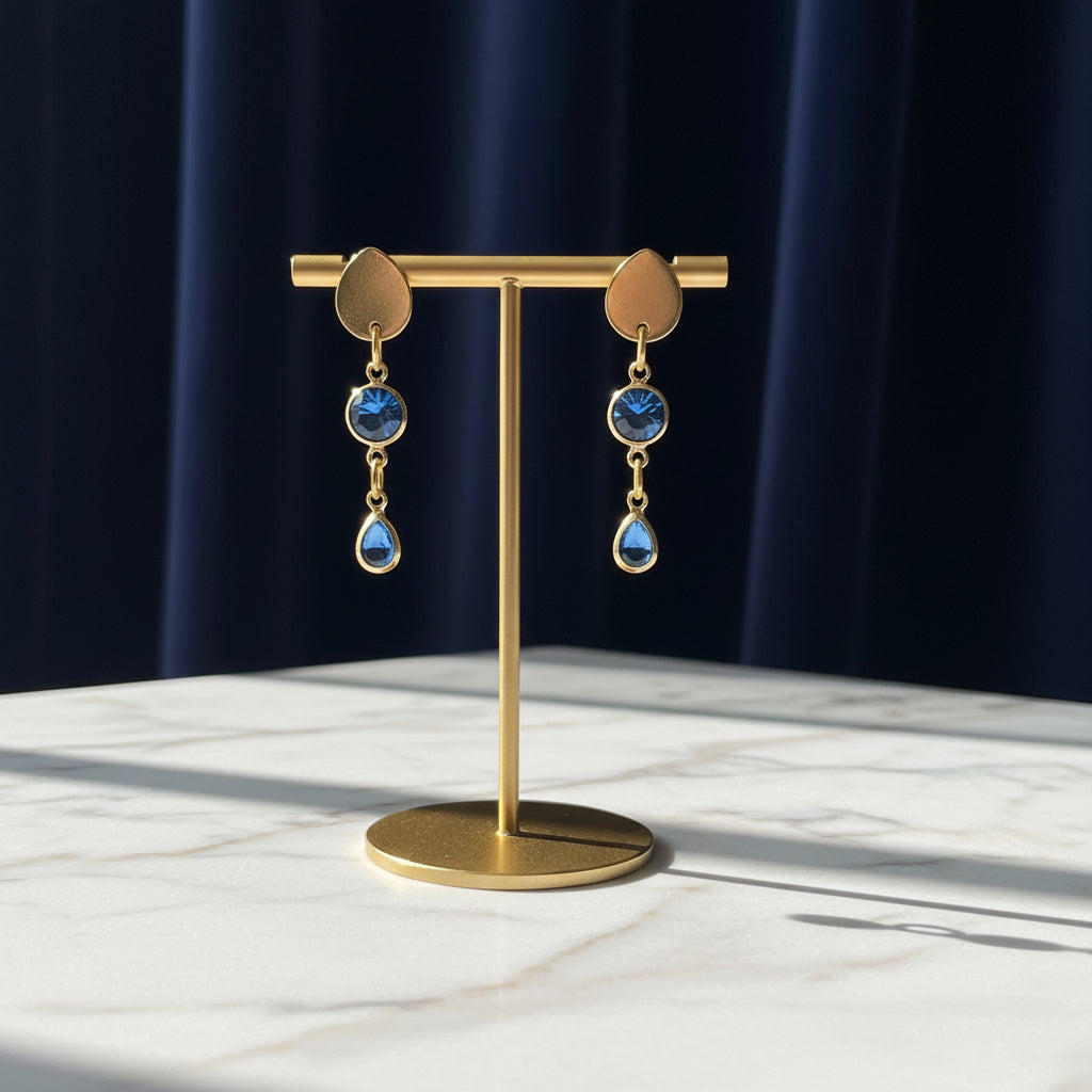 Earrings | Blue Dyed Saphhire Rounds | Blue Dyed Saphhire Teardrops | 18K GP Posts | 1.5"