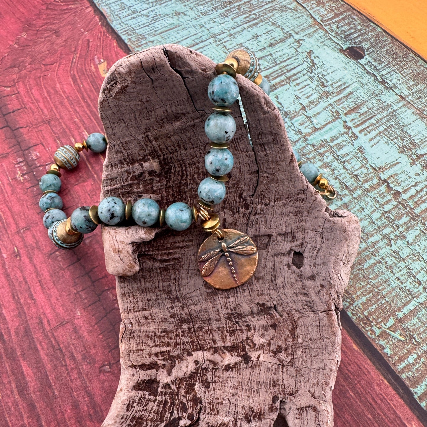 Turquoise Magnesite Necklace with Dragon Fly Patina Charm 18"
