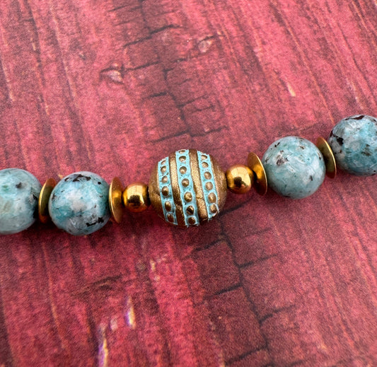 Turquoise Necklace with Dragon Fly Patina Charm 18"