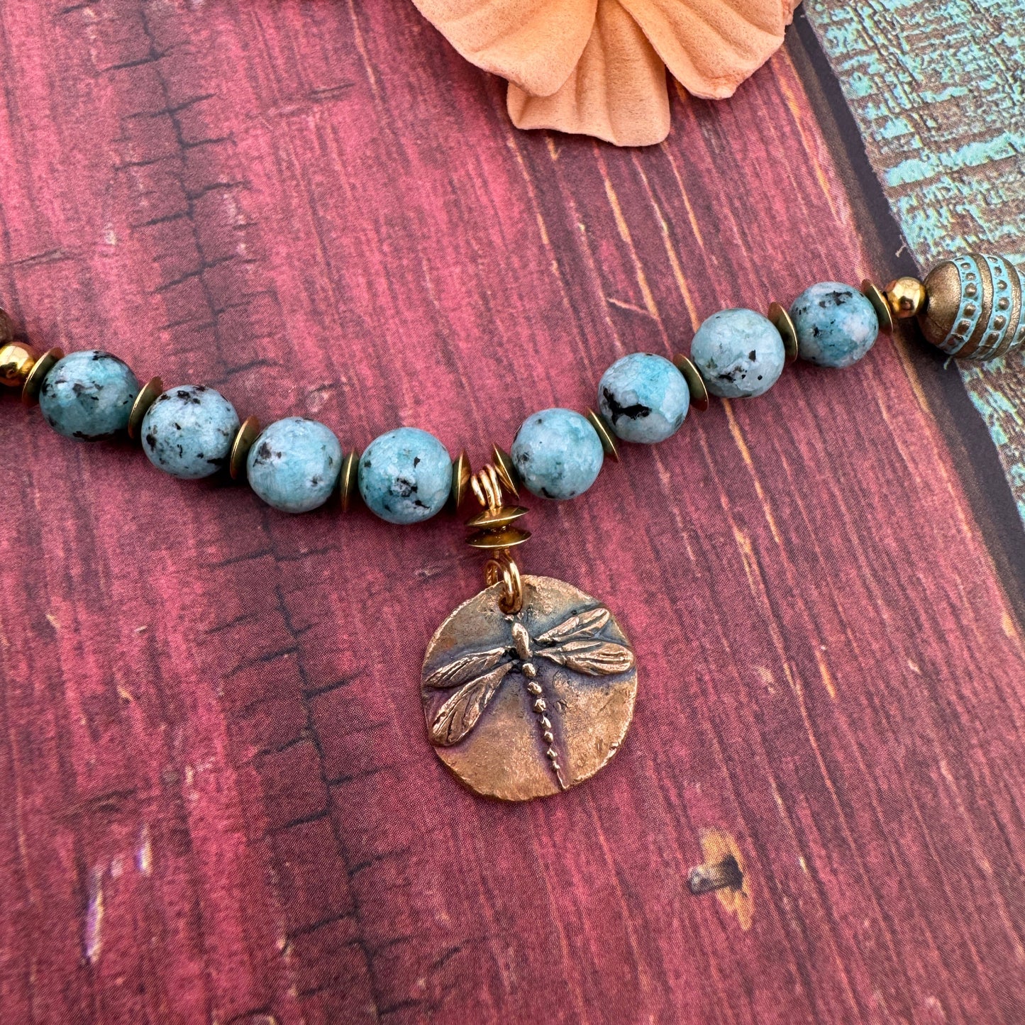 Turquoise Magnesite Necklace with Dragon Fly Patina Charm 18"