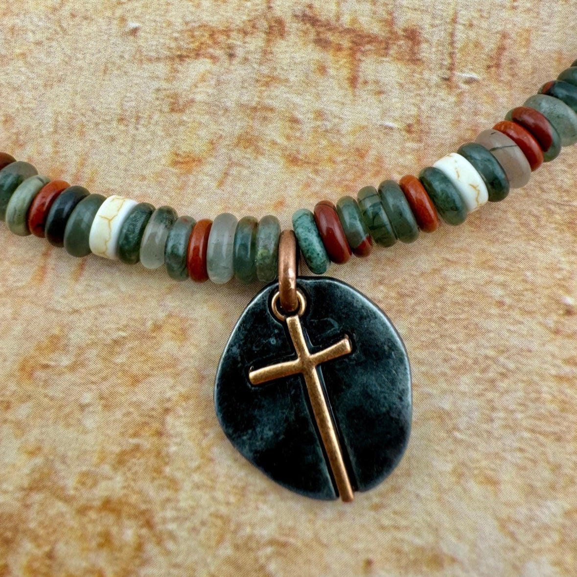 Heishi Necklace with Rustic Cross 18"