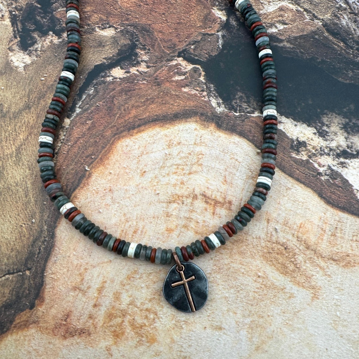 Heishi Necklace with Rustic Cross 18"