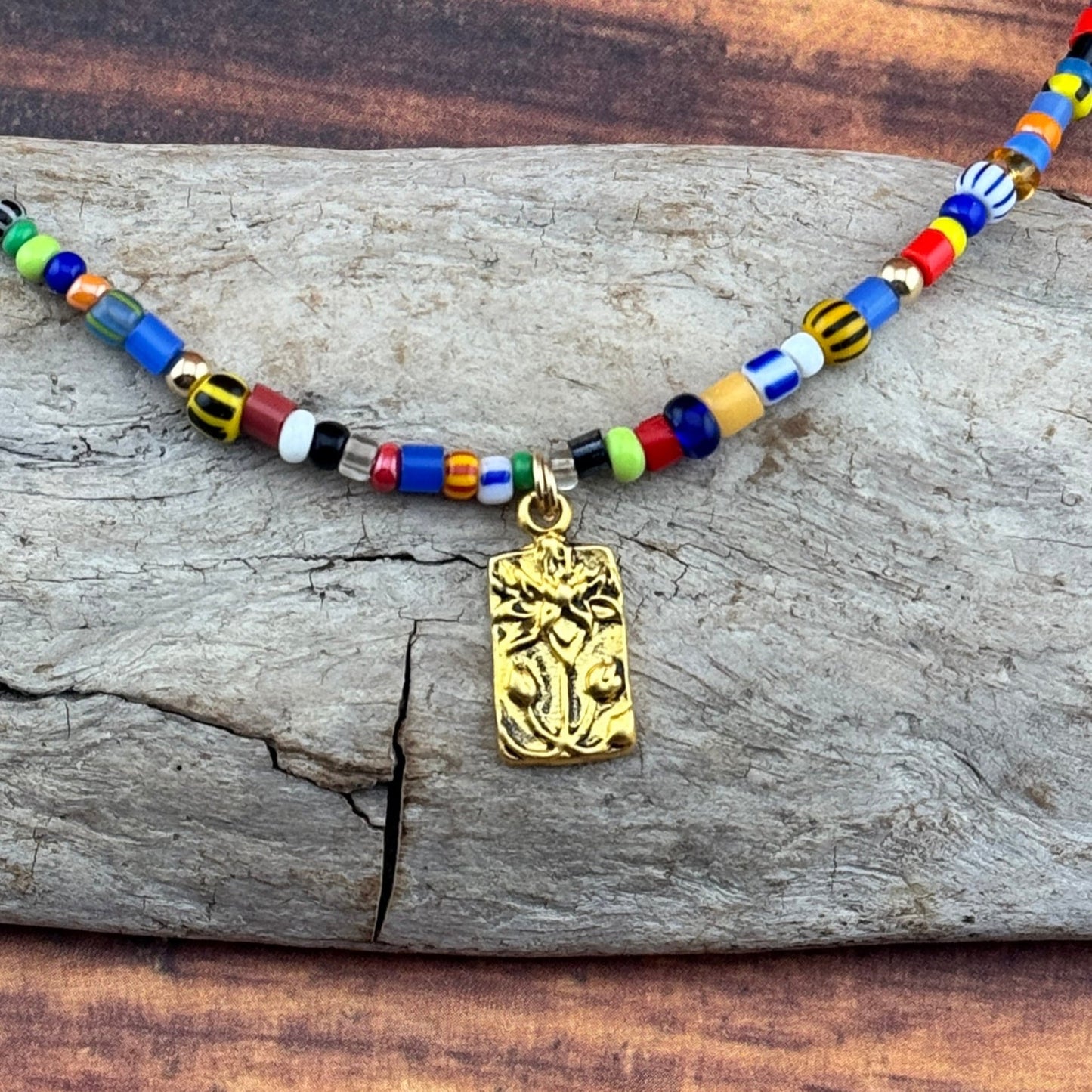 Indian Beaded Necklace with Lotus Flower Charm 16"