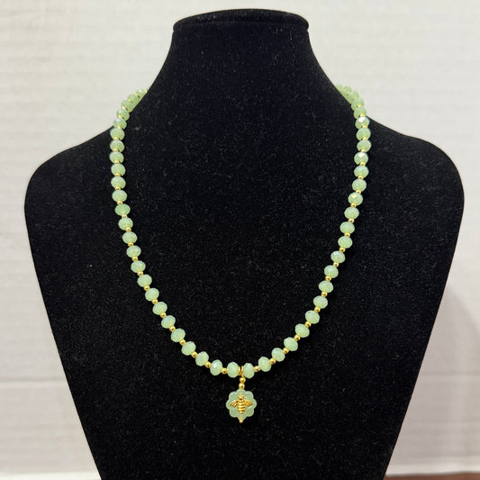 Necklace | Green Bee Bead | Green Faceted Glass Rhondells | 18K GF Round Beads | 16" | 2" Extention