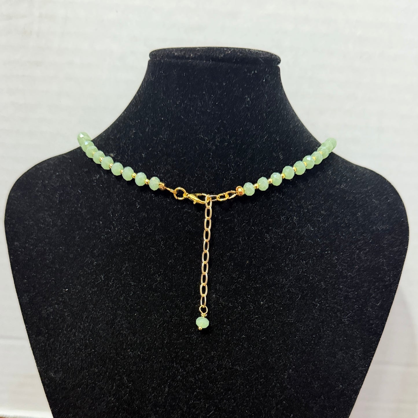 Necklace | Green Bee Bead | Green Faceted Glass Rhondells | 18K GF Round Beads | 16" | 2" Extention