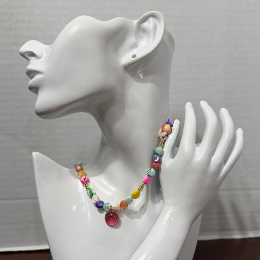 Necklace | Multi-colored Mother of Pearl Beads | Carved Pinke Tourmaline Pendant | 18K Gold-plated Bezel | 16"