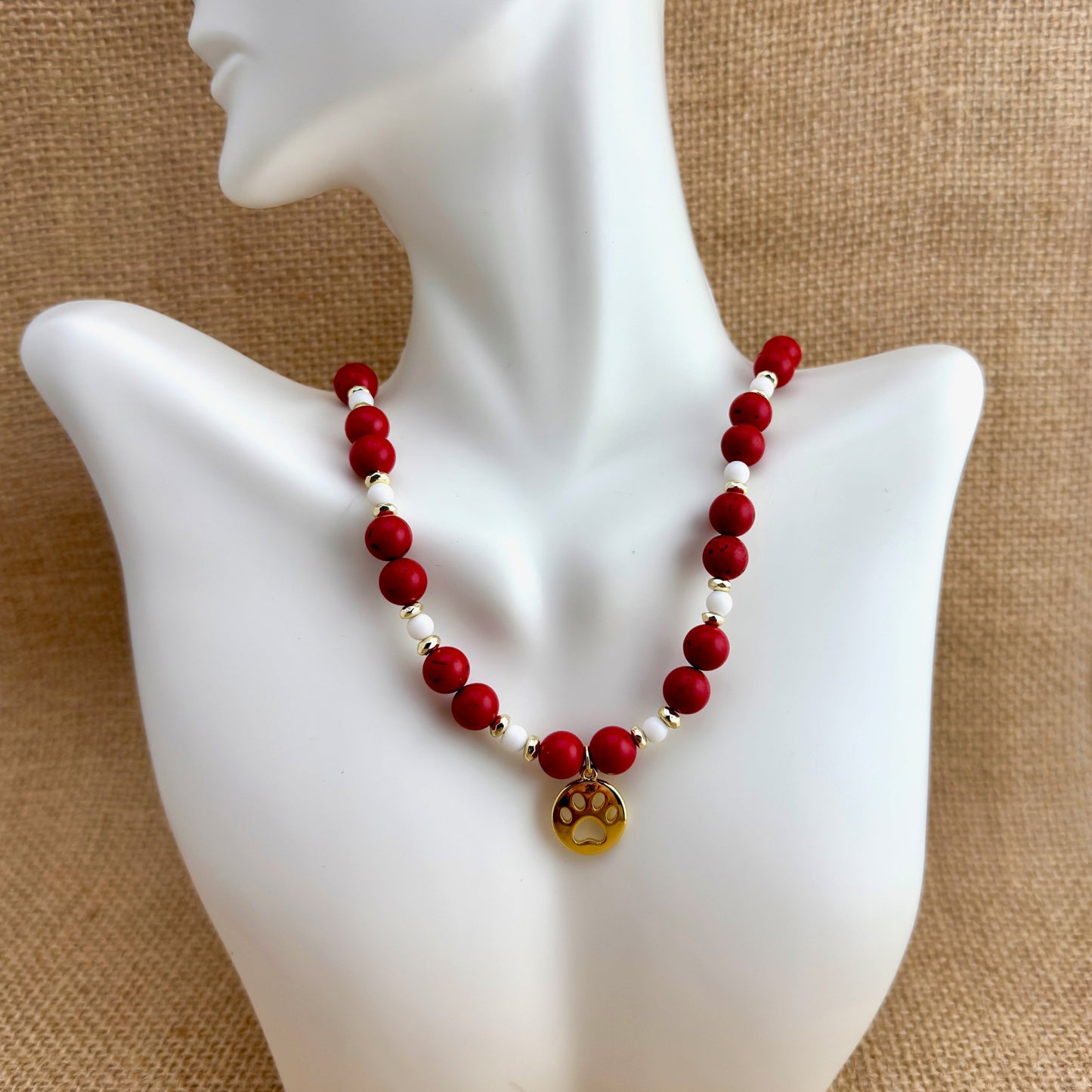 Red & White Paw Print Necklace 20"