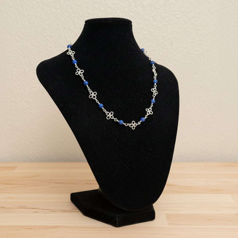 Wire-wrapped Silver Clover Necklace with Lapis Lazuli Gemstones | 16” | 2" Extension