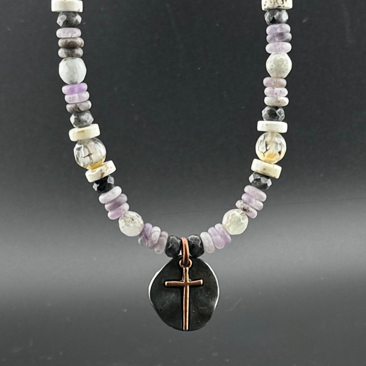 Bone and Amethyst Heishi Beaded Necklace with Rustic Cross