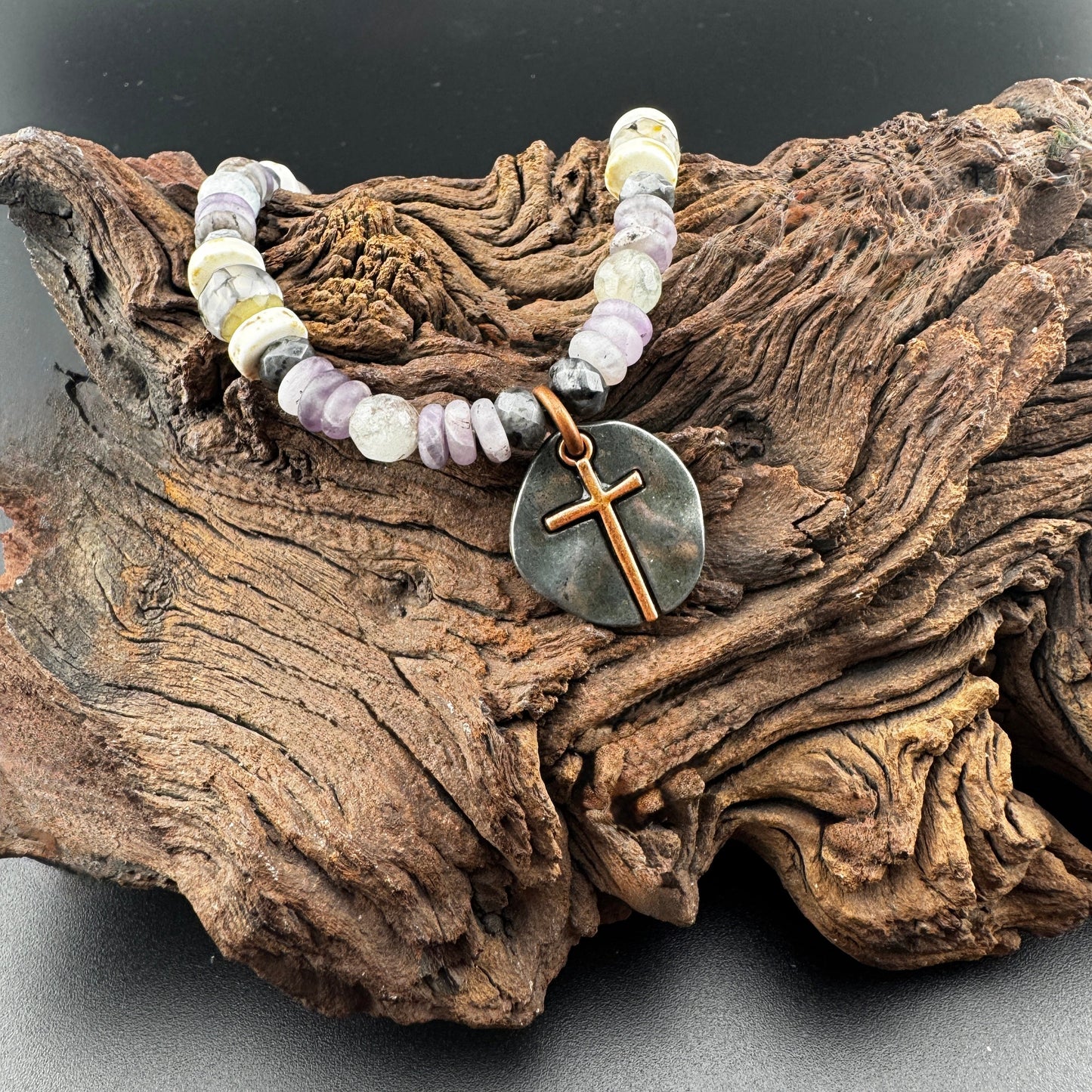 Bone and Amethyst Heishi Beaded Necklace with Rustic Cross