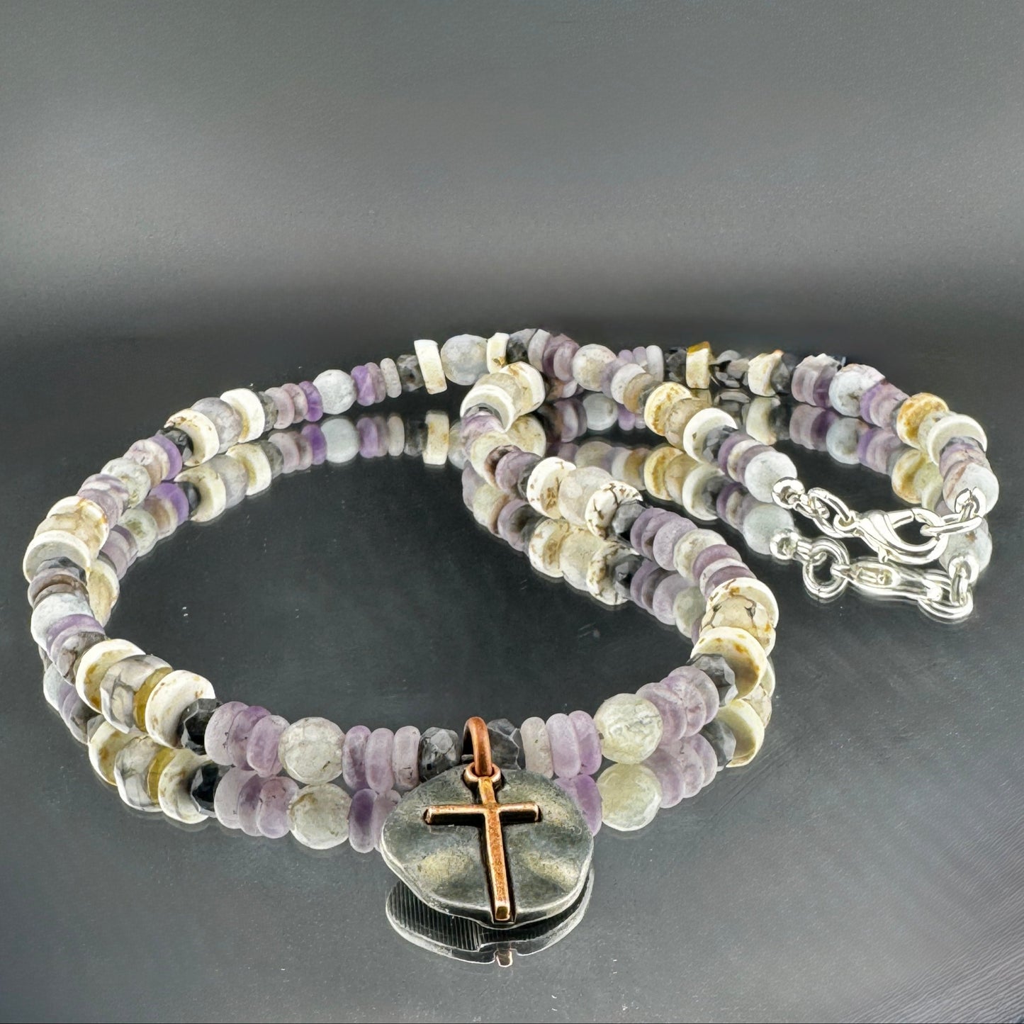 Bone and Amethyst Heishi Beaded Necklace with Rustic Cross