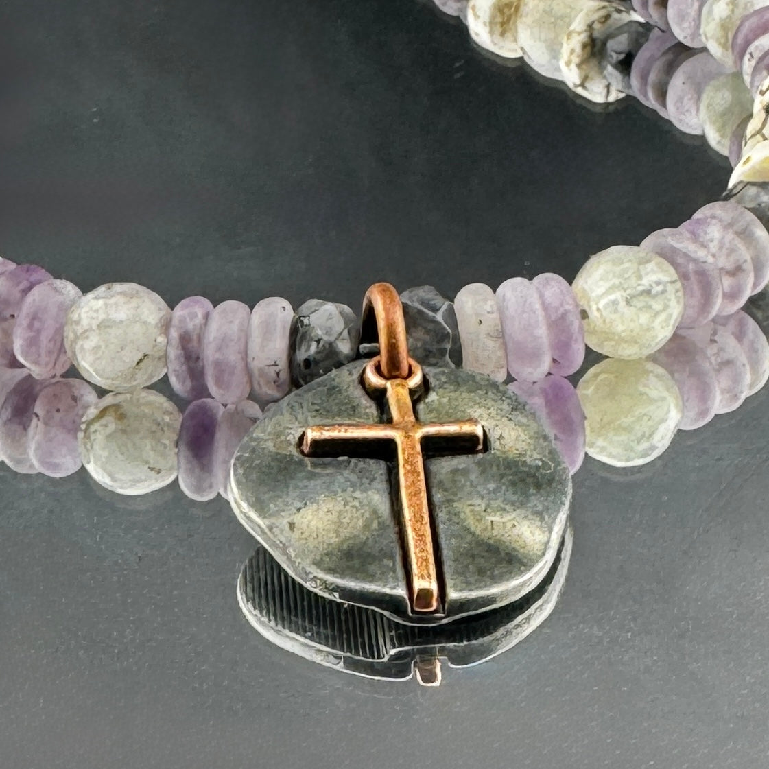 Bone and Amethyst Heishi Beaded Necklace with Rustic Cross