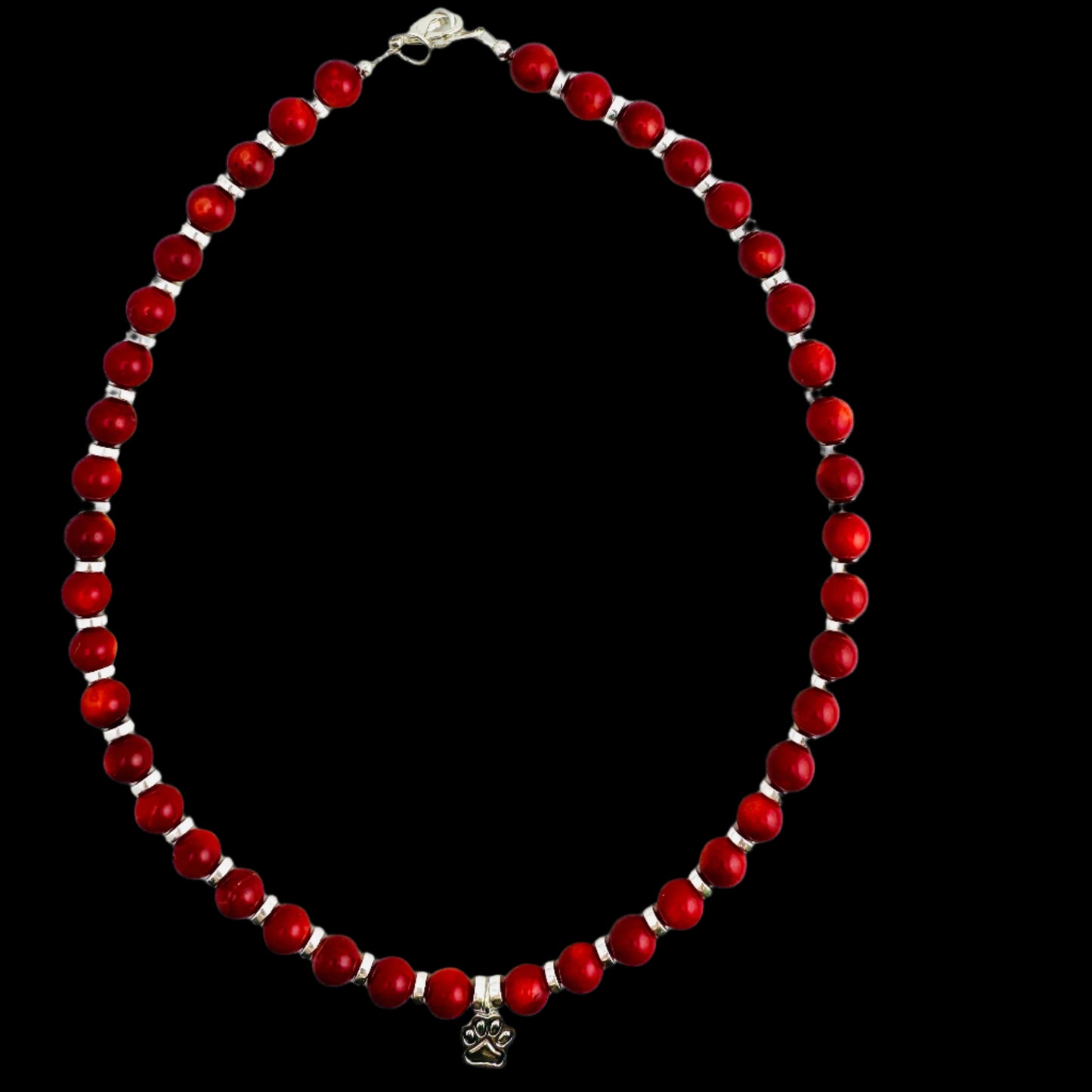 Red & Silver Paw Print Necklace in a Silver Metal 19"