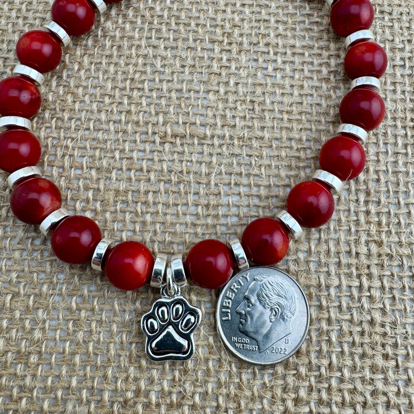 Red & Silver Paw Print Necklace in a Silver Metal 19"