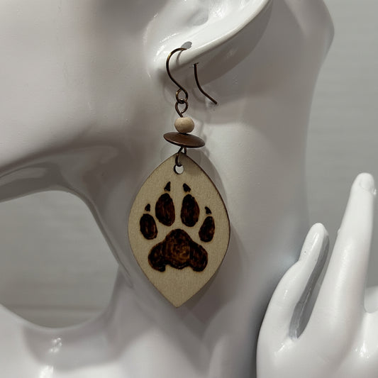 Earrings | Lens Shape  | Wood  | Pawprint | Wood-burned | Lava Stones | Copper Saucers  | 3"