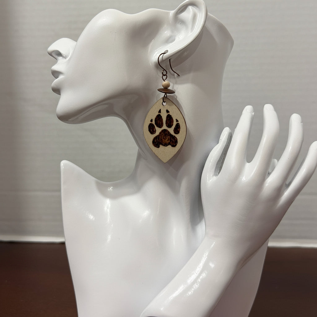 Earrings | Lens Shape  | Wood  | Pawprint | Wood-burned | Lava Stones | Copper Saucers  | 3"