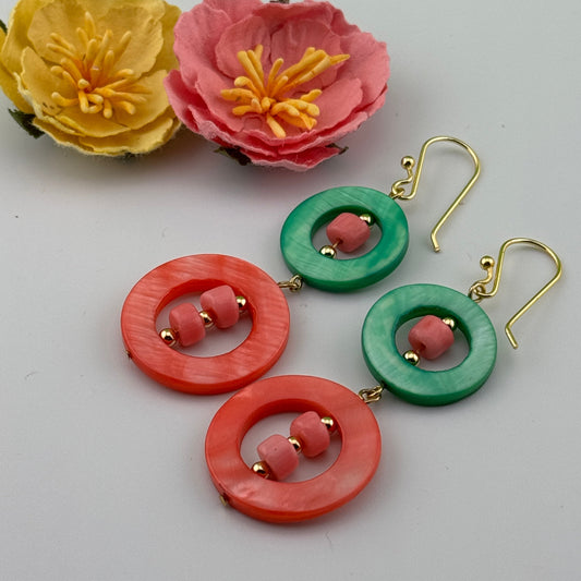 Green & Coral Earrings 2.75"
