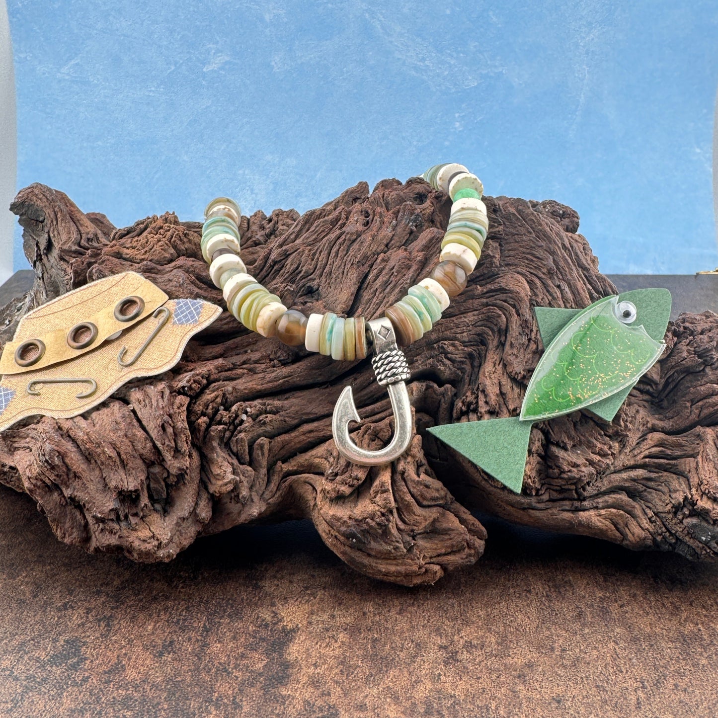 Green Tone Fish Hook Necklace 19"