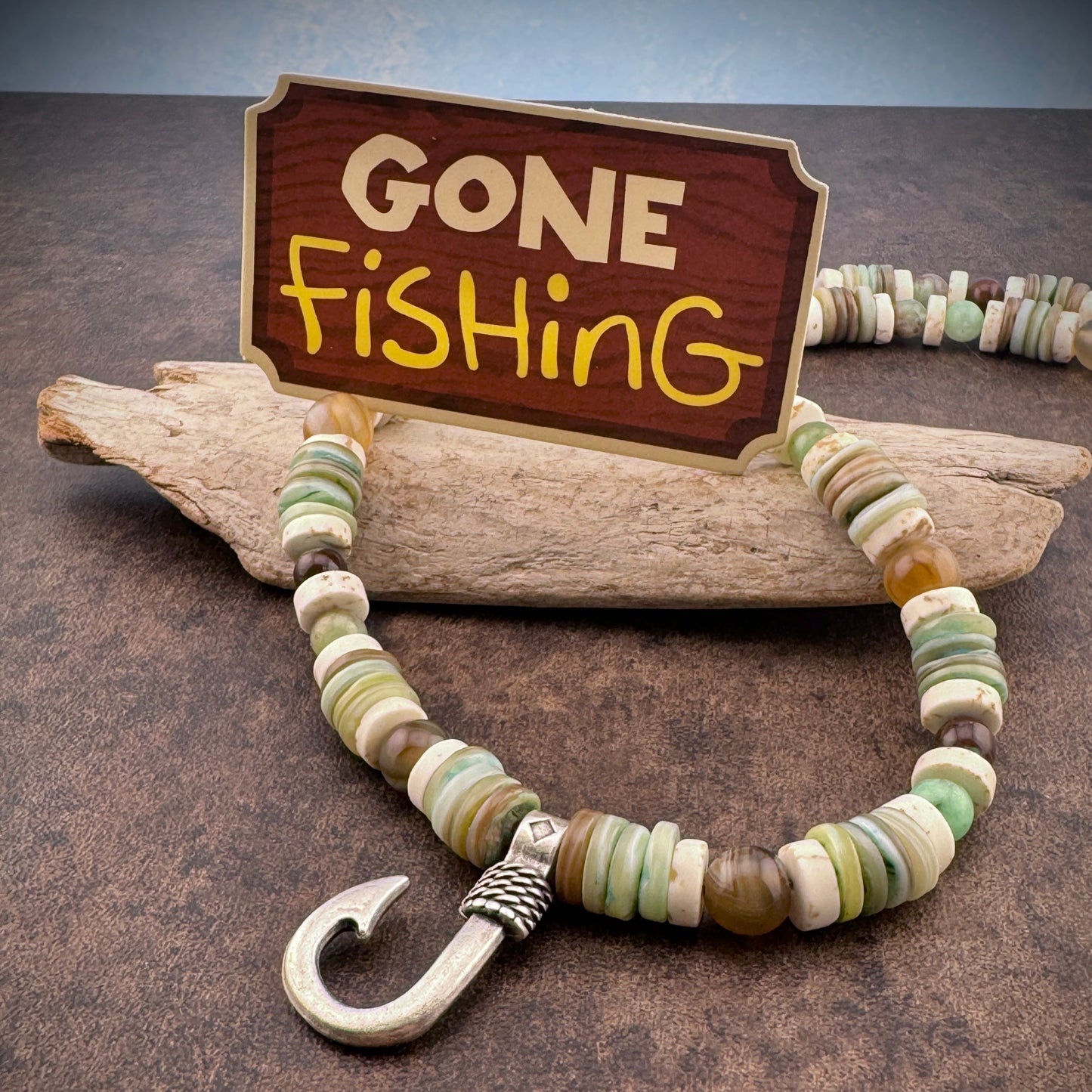 Green Tone Fish Hook Necklace 19"