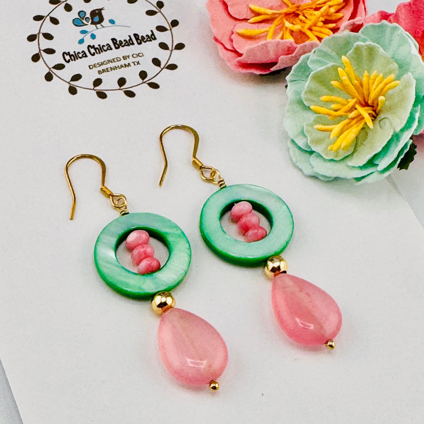 Green and Pink Earrings 2.5"