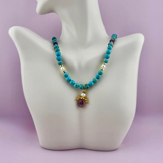 Turquoise, Amethyst, & Pearl Angel Necklace 16" and 18