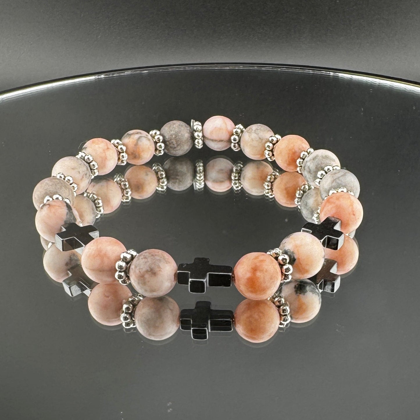 Pink Rhodochrysolite Bracelet with Hematite Crosess 7.5"