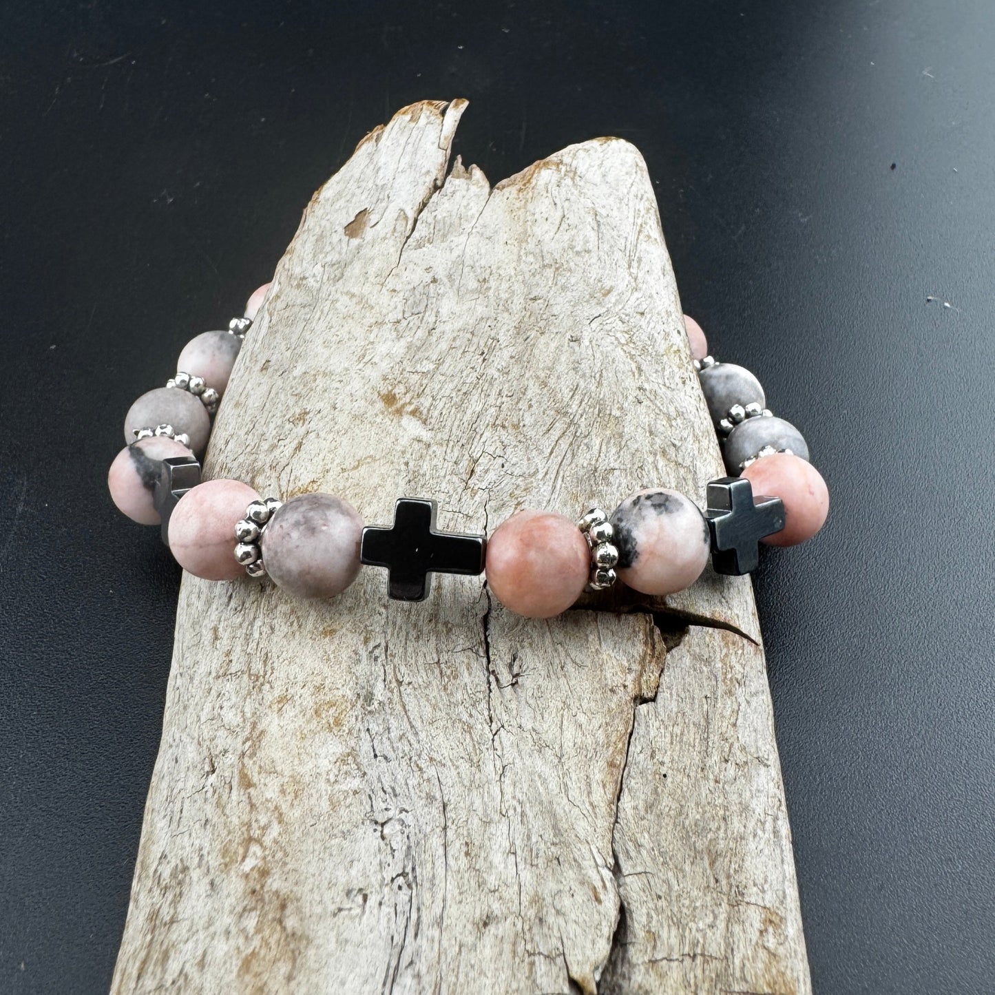 Pink Rhodochrysolite Bracelet with Hematite Crosess 7.5"