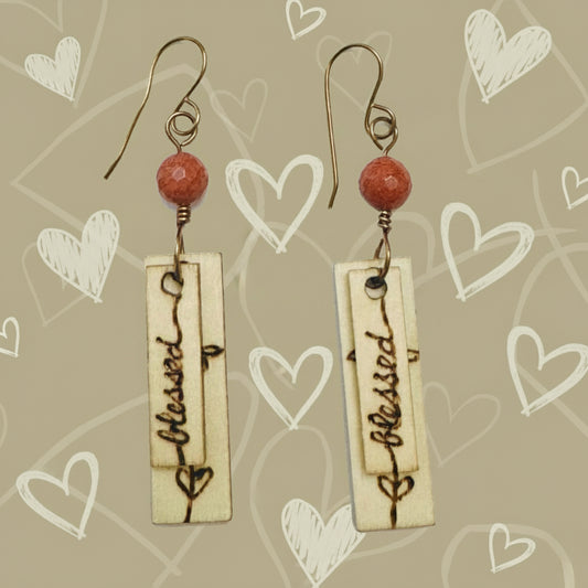 Earrings | Zentangles | Rectangle-shape | Wood-burned | Dangles | Gemstones | Small Size | 1.5"