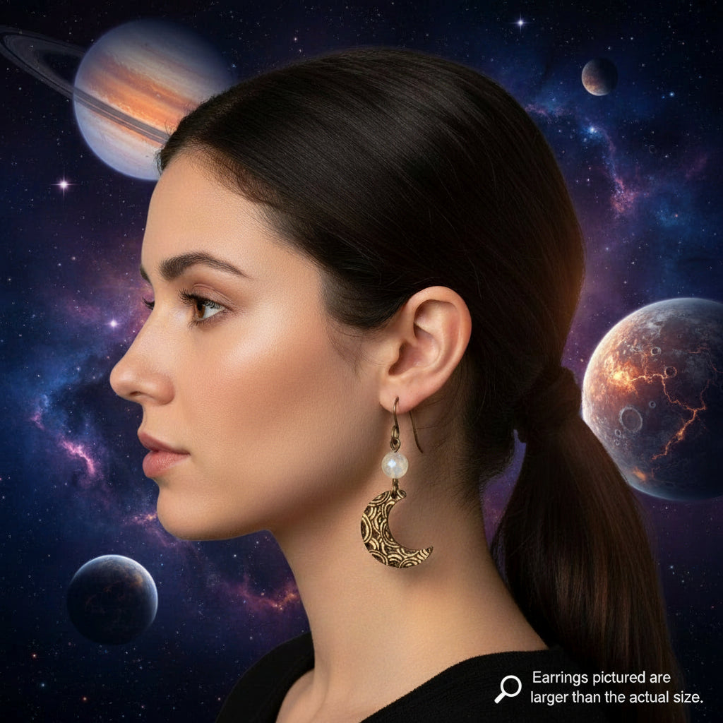 Earrings | Zentangles | Moon-shaped | Wood-burned | Dangles | Moonstone Gemstones | Small Size | 1.5"