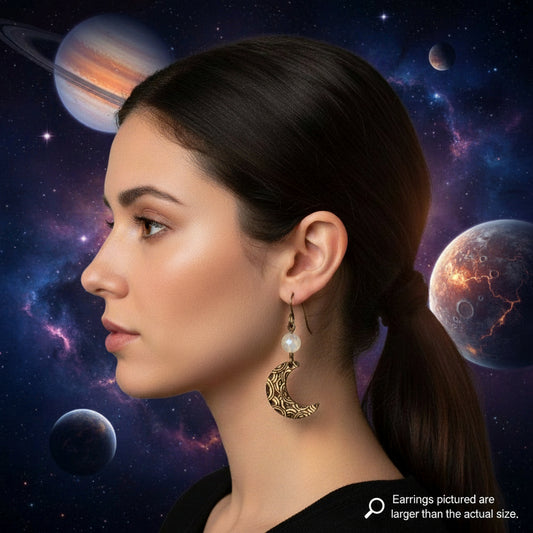 Earrings | Zentangles | Moon-shaped | Wood-burned | Dangles | Moonstone Gemstones | Small Size | 1.5"