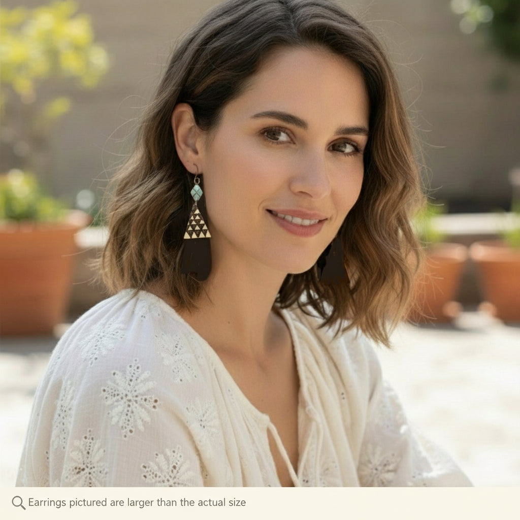 Earrings | Zentangles | Triangle-shaped | Triangle Design | Wood-burned | Czech Diamond Shaped Glass Bead | Small Size | 1.5"