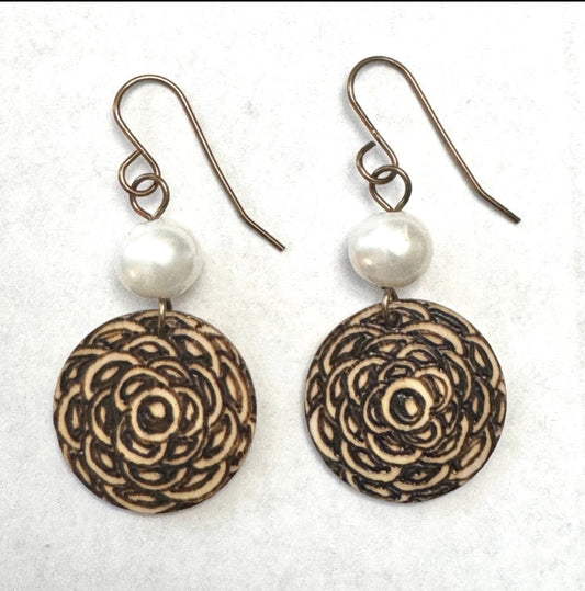 Earrings | Zentangles | Round Shape | Zentangle Design | Wood-burned | Freshwater Pearls | 1.5"