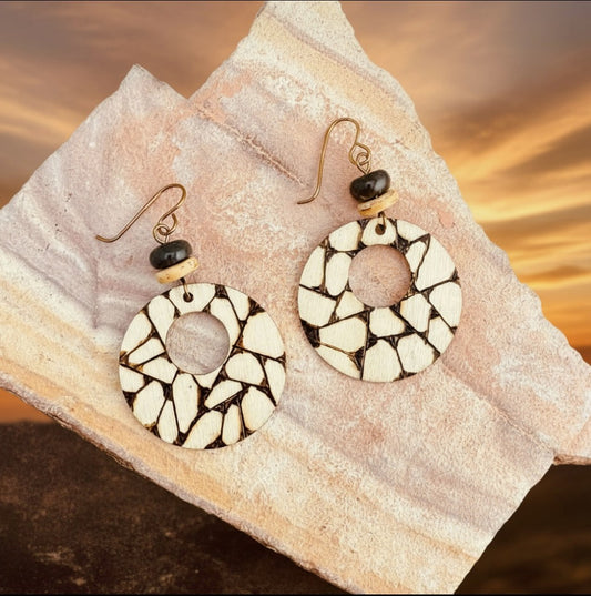 Earrings | Hoops |Zentangled Geometric Design | Wood-burned | Brown Rhondelle | Wood Flat Spacer  | 2.5"