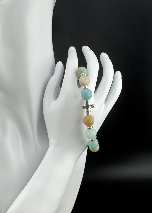 Amazonite Bracelet with Silver Cross 7"
